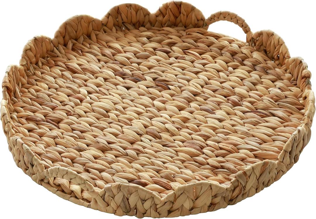 Extra Large Round Ottoman Table Tray 19.7" with Handles - Handmade Wicker Serving Hand Woven Tray for Farmhouse Decorative Oversized Coffee Table Trays Living Room Kitchen Counter Breakfast Scalloped (20", Round-water Hyacinth-wave)