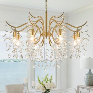 Modern Branch Crystal Chandelier 31.49in Gold Chandelier Light Fixture 8-Light Raindrop Hanging Pendant Light for Living Room Dining Room Bedroom