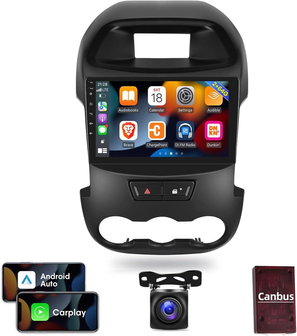 [2G+64G] Car Radio for Ford Ranger 2011-2015, 9 inch Android 13 Touch Screen Stereo, Carplay/Android Auto/Hi-Fi Audio/Wi-Fi/1080P/SWC/Bluetooth + AHD Backup Camera + MIC