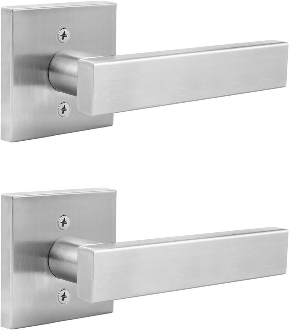 Orger 2 Pack Dummy Door Handle Satin Nickel Non-Turning Door Pull, Nickel Dummy Door Lever with Square Rosette Non-Turning Interior Door Lever for Closet and Pantry
