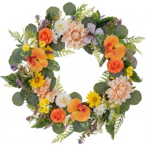 Dahlia Wreaths for Front Door Decor, 20" Artificial Daisy Mums Flowers Wreath Decorations for Spring Summer Home Door Window Outside Wall Indoor Outdoor Porch and Birthday Wedding Party