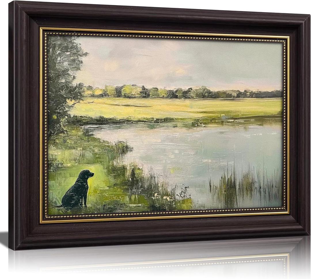 Framed Landscape Vintage Canvas Wall Art Retro Nature Green 3D Textured Botanical Painting Picture Rustic Farmhouse Antique River Black Dog Poster Print Artwork for Living Room Office Decor, 24"L x 16"W