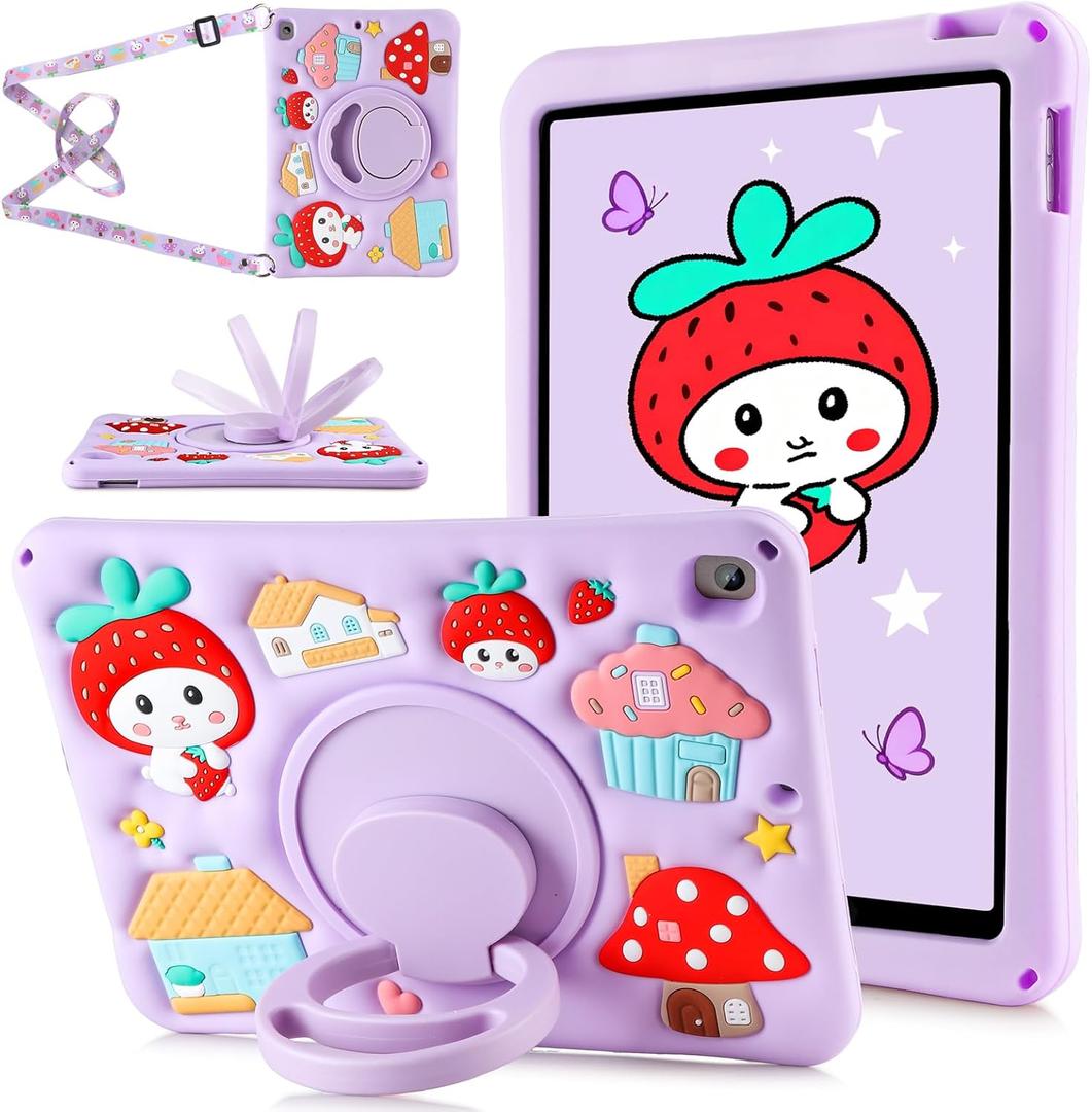 for iPad 9th 8th 7th Generation Case Kids Girls Strawberry Cover for iPad 10.2 Inch with Rotating Kickstand Shoulder Strap Soft Silicon Shockproof Protective Tablet Cover for 9/8/7 Gen 10.2 inch (Patterned Purple)
