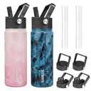 BJPKPK 2 Pack Insulated Water Bottles with Straw Lids, 22oz Stainless Steel Metal Water Bottle with 4 Lids, Leak Proof BPA Free Thermo, Cups, Flasks for Travel, Sports (Blossom+Ocean)