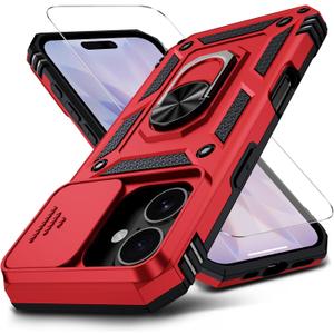 for iPhone 17 Case with HD Screen Protector & Slide Camera Cover & Rotated Ring Kickstand, [Military-Grade] Rugged Heavy Duty Protective Phone Case for iPhone 17 6.3 inch, Red