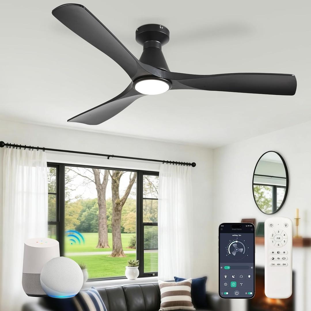 Depuley Ceiling Fans with Lights: 52-inch Smart Ceiling Fan with Remote/APP/Alexa Control - Flush Mount Ceiling Fans 3 Blades DC Motor Dimmable for Bedroom Living Room Outdoor (Black)
