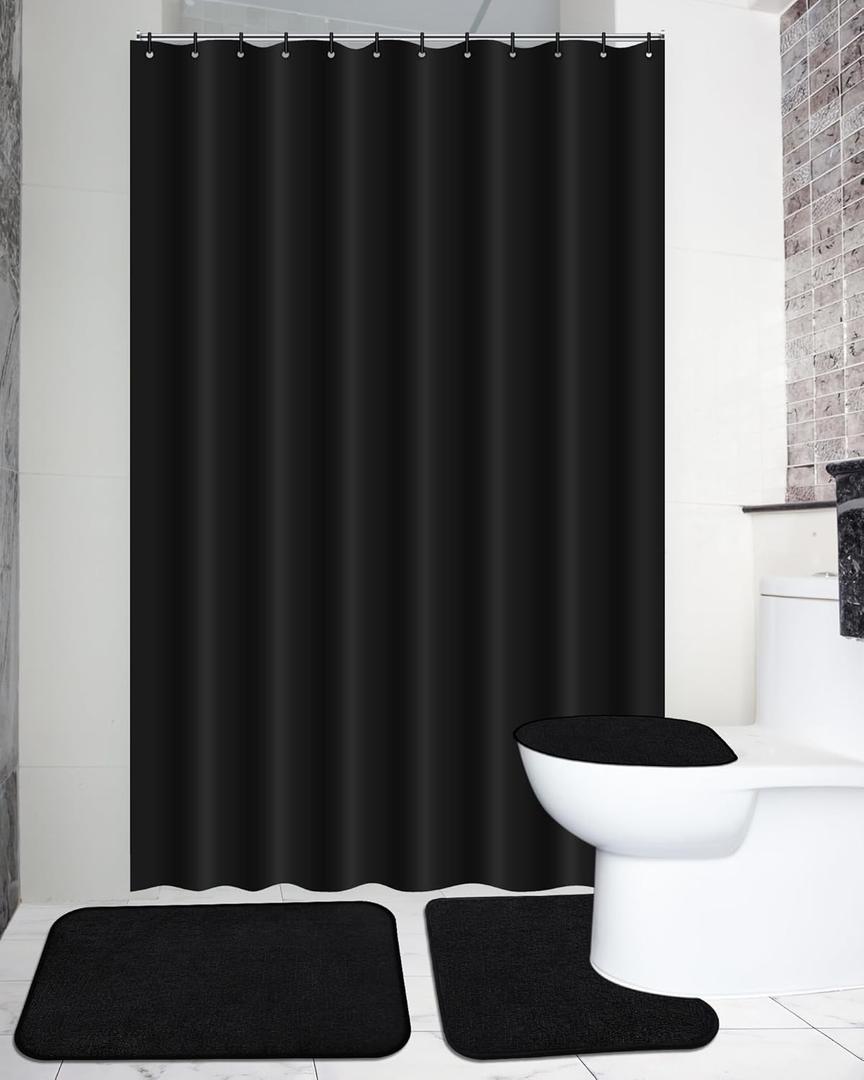 Hosuly 4 Pcs Bathroom Shower Curtain Set with Non Slip Rugs, Toilet Lid Cover and Bath Mat, Waterproof Bathroom Curtains with 12 Hooks Shower Set for Solid Color Bathroom Decor (Black)