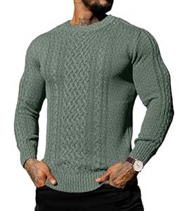 Askdeer Men's Fisherman Cable Crewneck Sweater Winter Casual Sweater Chunky Knitted Pullover Sweaters with Ribbing Edge Green, 2XL