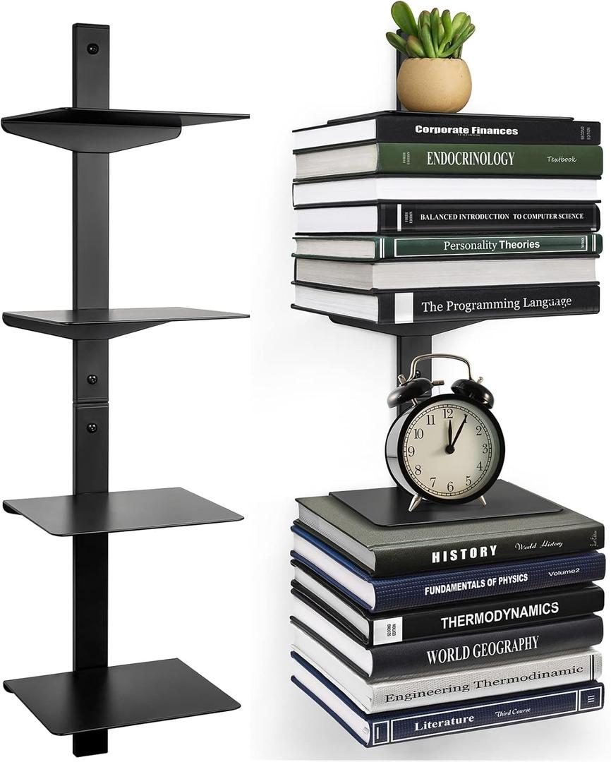 Floating Book Shelves for Wall, 4 Tier Invisible Floating Bookshelf, Vertical Spine Book Tower, Wall Mounted & Space Saving, Heavy Duty Metal Book Organizer for Home Office, 2 Pack Black (2PC-4 Tier)