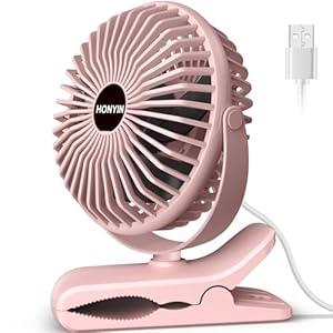 HONYIN 720 Rotation Small Desk & Clip on Fan with Sturdy Clamp, 3 Speeds, Quiet Little Personal Cooling Fan by USB Plug In, for Bedroom Office Desktop Treadmill (Pink)
