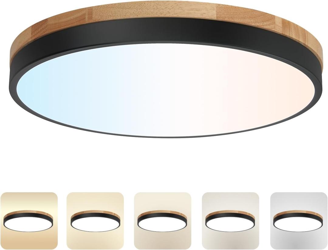 15.8inch Dimmable Wood Ceiling Light,36W Wood Flush Mount Ceiling Light Fixture,3000K/3500K/4000K/5000K/6000K Selection,Circle Lighting Lamp with Acrylic Lampshade for Bedroom,Hallway,Kitchen,Black