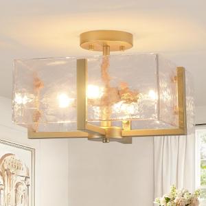 Gold Flush Mount Ceiling Light, 4Light Brass Vintage Semi Flush Mount Hallway Foyer light fixture, Modern Glass Square Close to Ceiling Light for Kitchen, Dining Room, Bedroom, Bathroom, Entryway