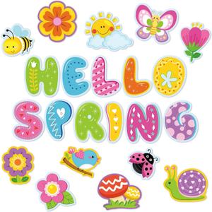 Hello Spring Cut-Outs Spring Flower Cut Outs Bulletin Board Decoration with 100 Pcs Glue Points for School Classroom Game Party Supplies (Spring Style, 44 Pcs)