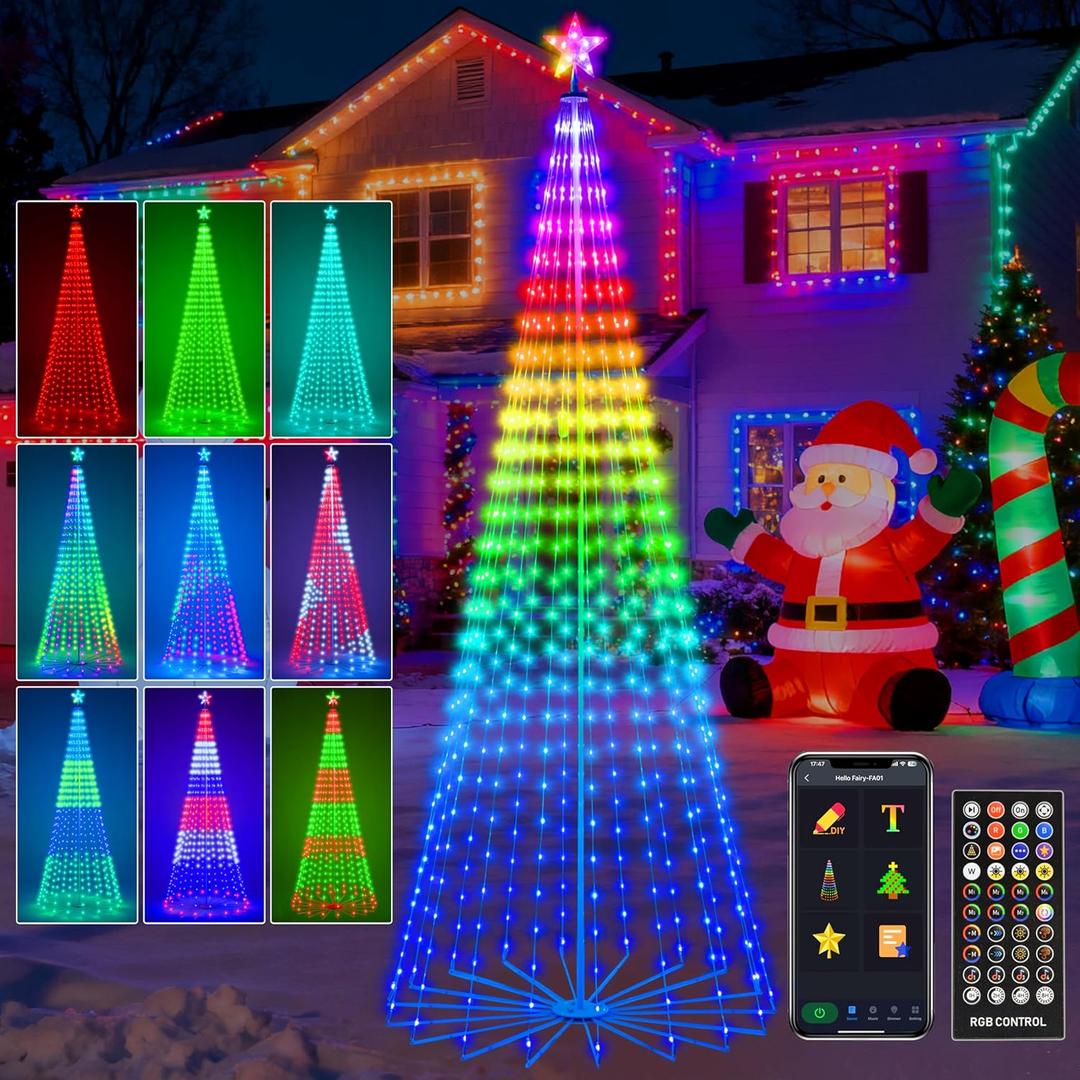 10FT Lighted Outdoor Christmas Tree, 514 LED Smart Cone Tree, Music Sync RGB Fairy Lights, LED Light Show, APP and Remote Control, Timer Function, Perfect for Outdoor Christmas Decorations