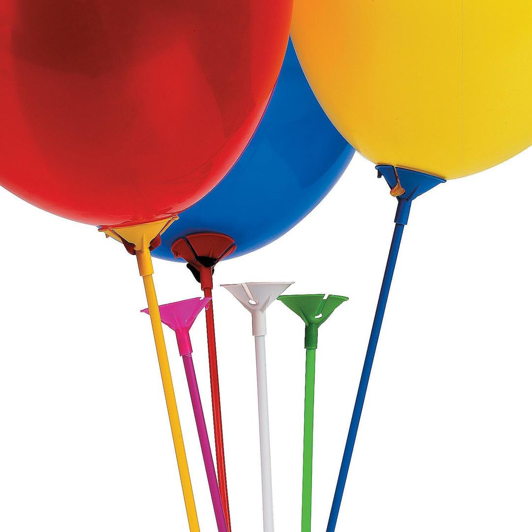 Fun Express Balloon Sticks with Cups 144 Pack - Premium Plastic Balloon Holders for Party Decorations | Centerpiece Accessories for Birthdays, Weddings & Events | 6 Vibrant Colors, 16 3/4"