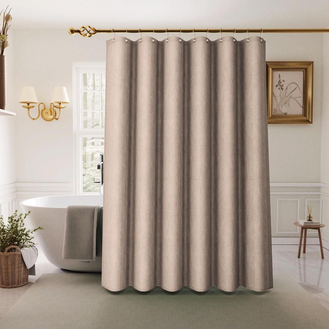 Inhousolu Boho Farmhouse Shower Curtain with Fabric Liner Set, Faux Linen Textured, 14 Metal Hooks Luxury Weighted Hem, Washable Wrinkle Free Bath Curtain for Hotel Bathroom 72" W x 84" L Beige