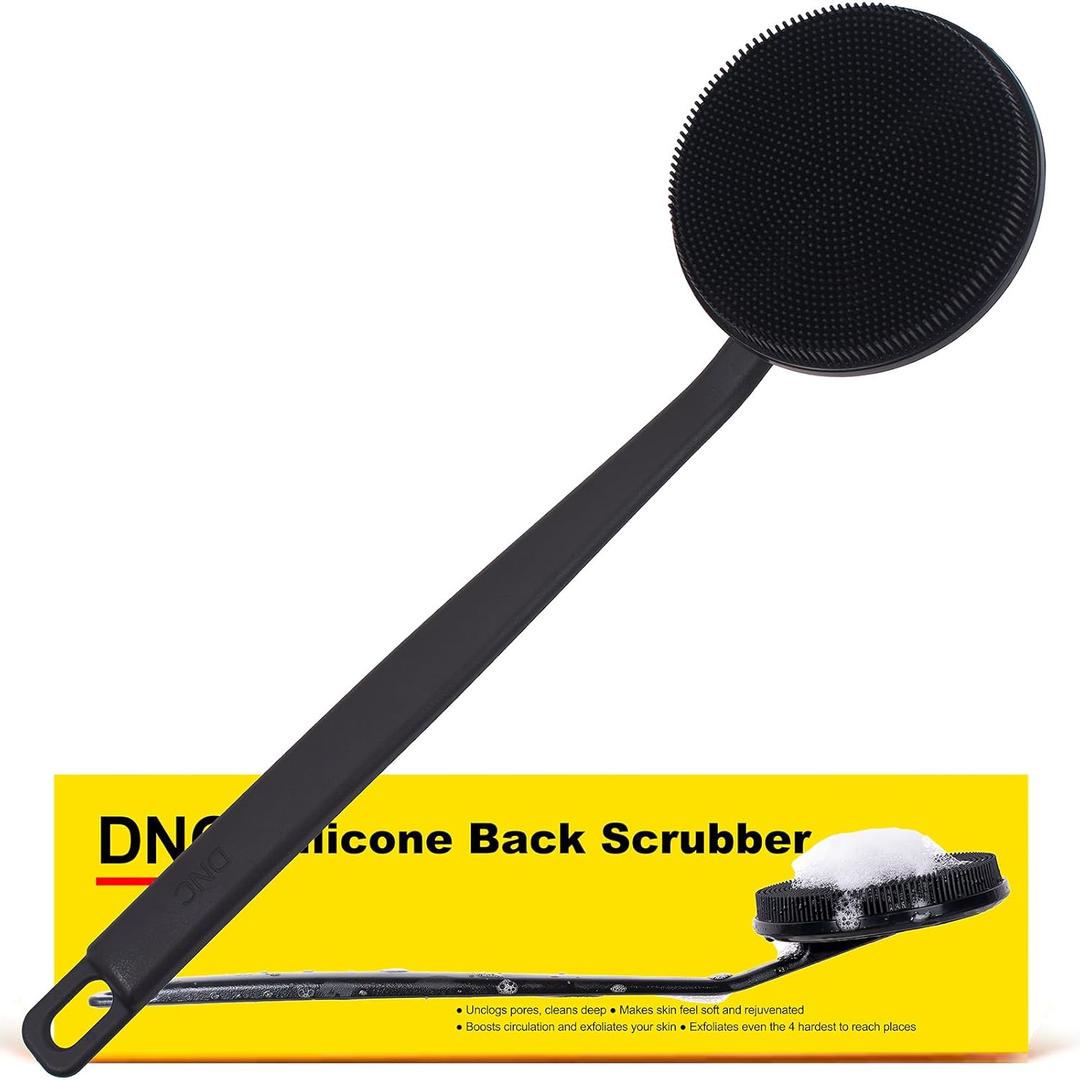 DNC Back Scrubber for Shower, Silicone Shower Brush with Long Handle Soft Bristles, Bath Body Exfoliator Washer for Men Women (Charcoal)