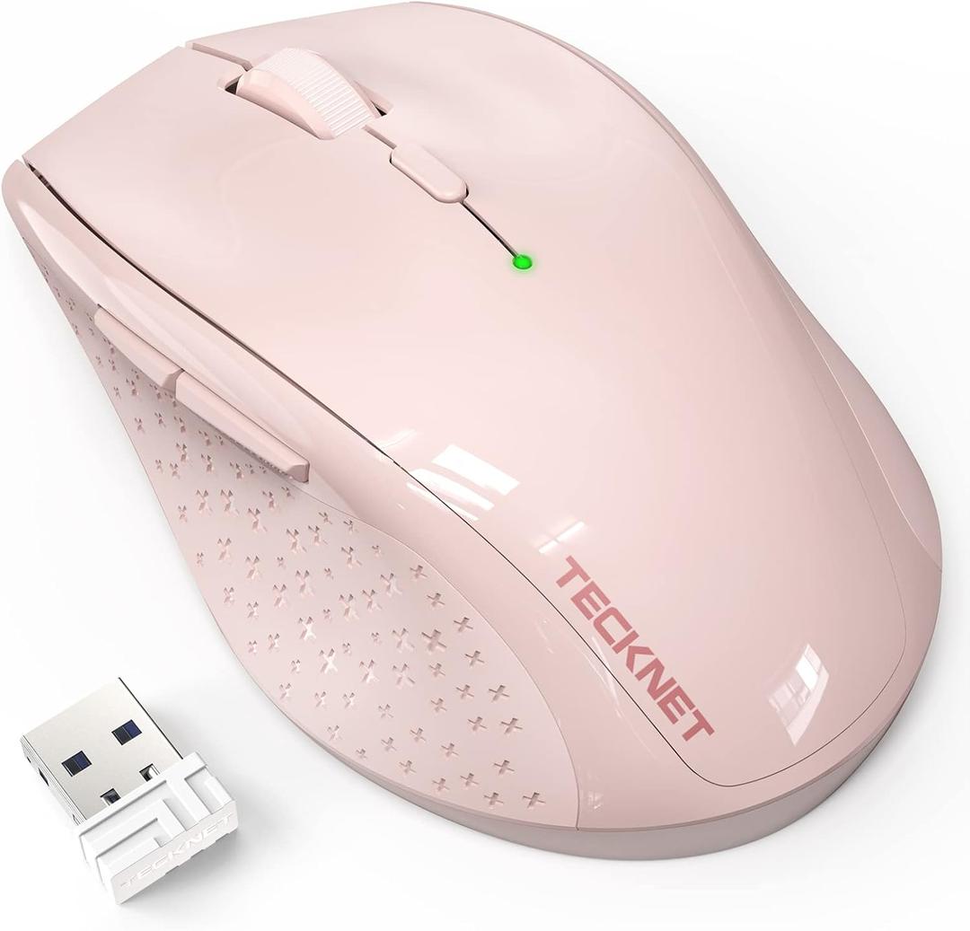 TECKNET Wireless Mouse, 2.4G USB Computer Mouse with 6-Level Adjustable 4800 DPI, 30 Months Battery, Ergonomic Grips, 6 Buttons Portable for PC, Chromebook, Mac - Pink