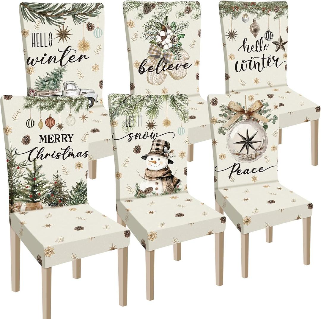 Ganeen 6 Pcs Christmas Chair Covers Merry Christmas Chair Back Cover Stretch Xmas Seat Protector Washable Xmas Dining Seat Protector Slipcover for Dining Room Kitchen Holiday Party (Pine Cone Style)