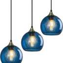 Blue Glass Pendant Lights Kitchen Island Lighting Globe Pendant Light Fixtures Modern Pendant Lighting for Kitchen Island Bedroom Living Dining Room Light Fixture(5.9in, 3-Pack)