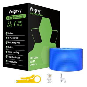 Cat 6 Ethernet Cable 150 ft Bulk, 23AWG 550MHz Solid CCA UTP Cat 6 Cable with 10 Rj45 Connector, High-Speed Internet Cable Gaming Network LAN Ethernet Cord for Cameras, Computers - Blue