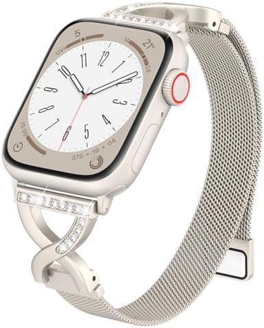 BRG Thin Mesh Loop Compatible Metal Magnetic Stainless Steel Strap with X-Shape Diamond Clasp for iWatch Bands