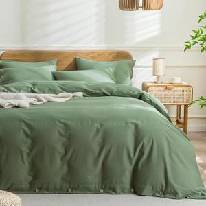 JELLYMONI Cotton Duvet Cover Queen Size - Green Comforter Cover with Button 100% Washed Cotton 3PCS Breathable Soft Solid Bedding Set Duvet Cover 9090in & 2 Pillowcases (NO Comforter)