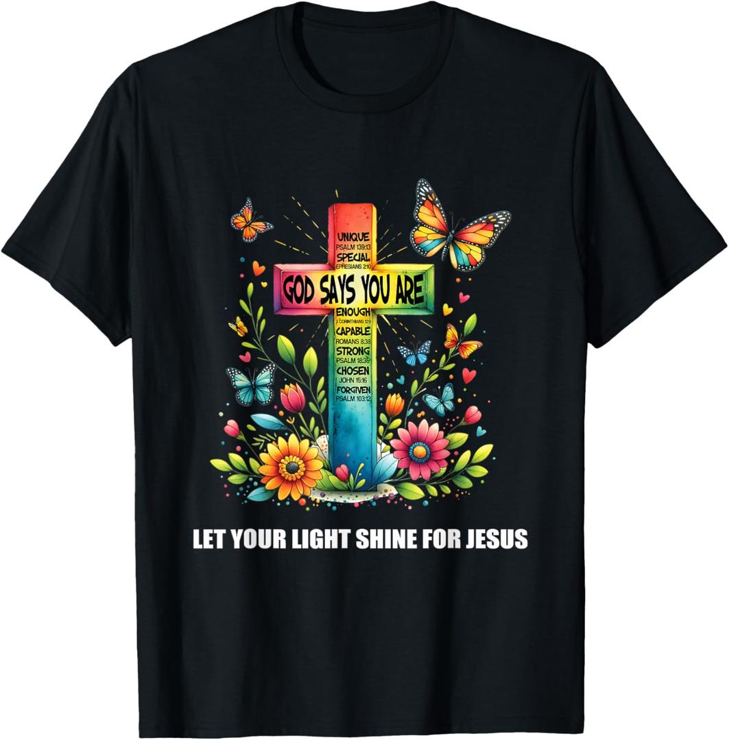 Christian Glow-for Jesus Let Your Light Shine Faith Cross T-Shirt, Black, 3X