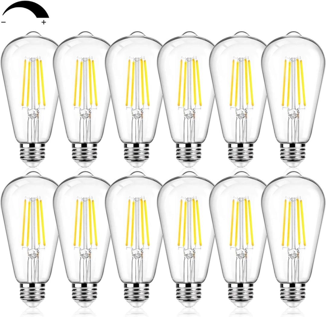 12Packs ST64 Large Vintage LED Edison Bulbs, 60W Equivalent 7W, 800Lumens, Dimmable Antique LED Filament, 5000K Cool White, E26 Medium Base Light Bulbs High Brightness Clear Glass for Bedroom Office
