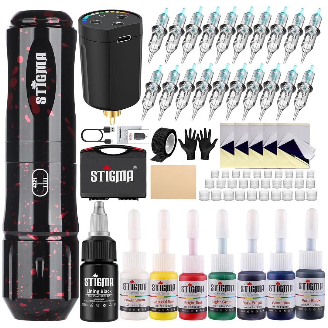 STIGMA Cordless Tattoo Gun Kit Complete with Pro Tattoo Machine Pen, Carrying Case with 1400 mAh Tattoo Battery, 20 Tattoo Cartridge Needles,Tattoo Ink Color Set, Full Tattoo Accessories (Black)