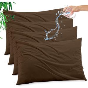 Gogreen Bamboo Rayon Waterproof Pillow Protector, Breathable Pillow Cover, Cooling Pillow Case Protector with Zipper, Super Soft Pillow Case Cover with Zipper (4 Packs, Queen 20"x30", Brown)