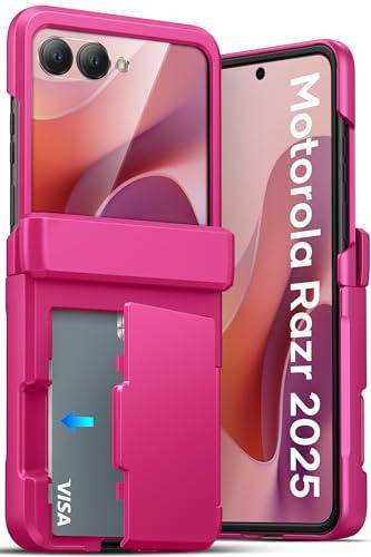 ATATOO for Motorola Razr 2025 Wallet Case with Card Holder (3 Cards) & Hinge Protection & HD Screen Protector, Military Grade Protection, Women Men Cute Phone Cover for Moto Razr 2025, Hot Pink