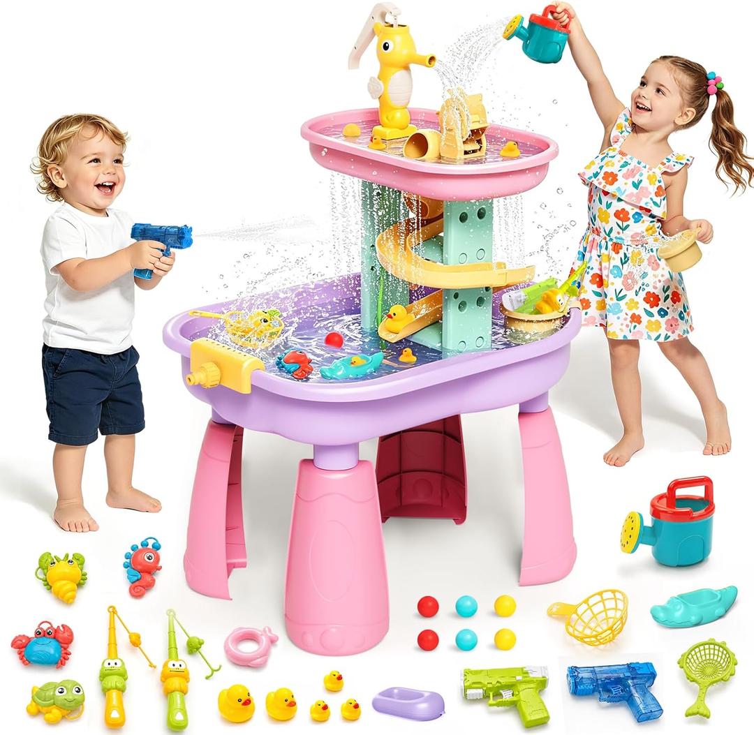 Toddler Water Table for Kids - Sand and Water Table with 28PCS Toy Accessories & Rain Shower Sprinkler, Outdoor Sensory Water Play Table, STEM Toy Summer Gift for Boys Girls Ages 3-8