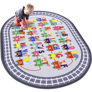 HiiARug Kids Carpet Playmat Rug ABC Alphabet, Numbers, Train and Road Themed Play Rug Educational Classroom Rug Play Mat for Kids Bedroom Playroom Decor,Grey, 3'3" x 5'
