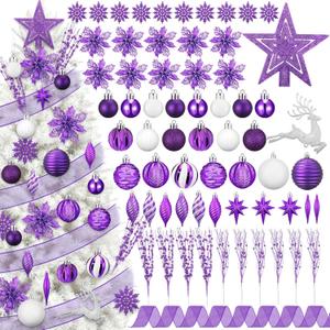 118 Pcs Christmas Tree Ornaments Set Including Ornaments Balls, Hanging Snowflakes Icicle, Mesh Ribbon, Tree Top Star, Flower, Berries Stems for Xmas Trees Holiday Decor (Purple)