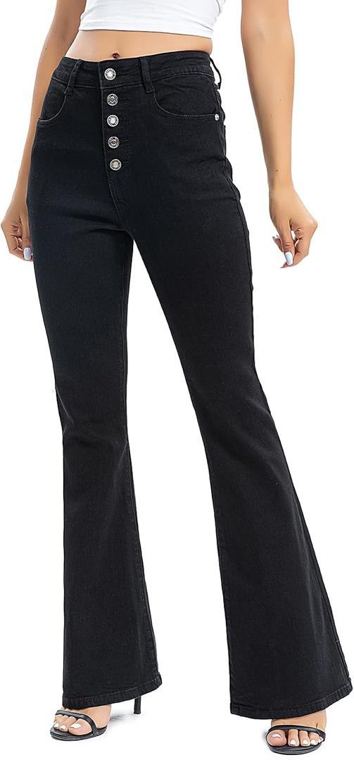 Mityblue Women's Flare Stretchy Jeans High Waist Bootcut Slimming Denim Bell Bottom Multi Button Pants (B16-Black-14)