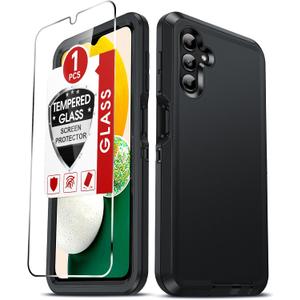 LeYi Compatible for Galaxy A13 5G Phone Case: Tempered Glass Screen Protector, Heavy Duty 3 in 1 Rugged Cover, Military Grade Shockproof Cell Phone Android Funda para Galaxy A 13 5G, Black