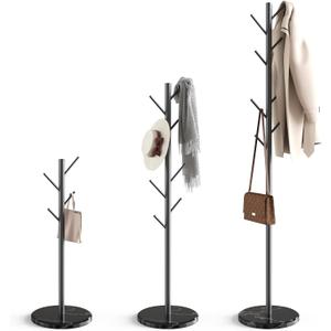 HzTinT Coat Rack with Natural Marble Base, Metal Freestanding Coat Rack with 8 Hooks, 3 Adjustable Size Sturdy Coat Tree for Bags, Coats, and Hats for Entryway, Hallway, Bedroom, Office, Black