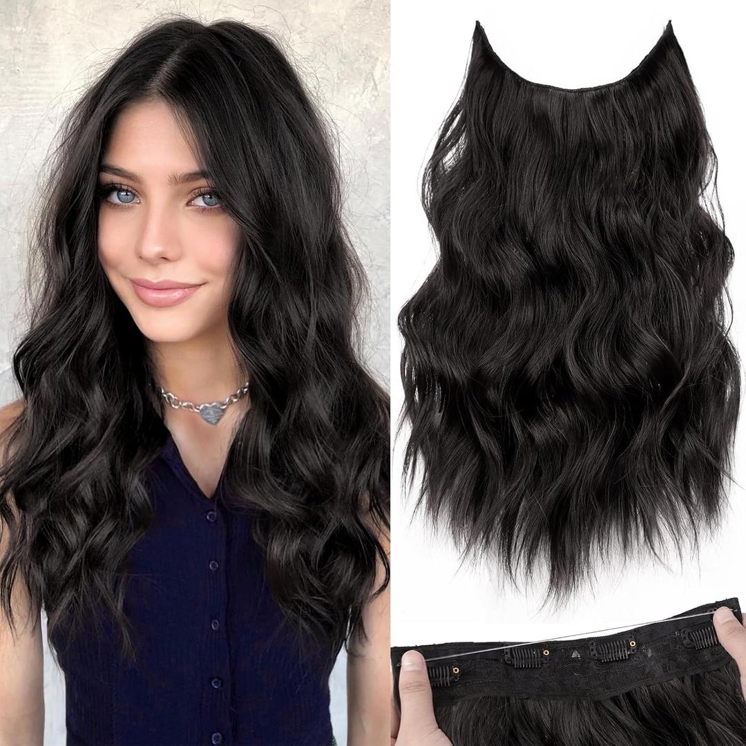 KooKaStyle Invisible Wire Hair Extensions with Transparent Headband Adjustable Size 4 Secure Clips Long Wavy Secret Wire Synthetic Hairpiece Rich Dark Brown with Warm Tones/6# 16 Inch for Women