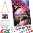 JOOZ Paint by Numbers Kit for Adults with Frame Sakura Paint by Number with Easel Tree Adult Paint by Number Kits Framed Canvas Mountain Waterfall Oil Painting Kits for Gift Home Wall Decor 8x12 Inch (Landscape)