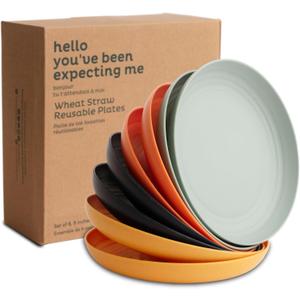 Nook Theory Reusable Wheat Straw Plates 8 Pcs - Non Toxic Kids and Toddler Plate, Microwavable, Dishwasher Safe and Unbreakable Dinnerware (Daybreak 9")