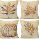 Fall Pillow Covers - 18x18, Rustic Maple Leaves Harvest Linen Throw Pillow Covers Set of 4, Farmhouse Autumn Thanksgiving Gifts for Home Room Bedroom