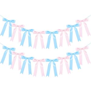 2 Pack Large Bow Garland Banner, 6.7ft Pre-Strung Satin Ribbon Decor for Wedding, Bridal & Baby Shower, Birthday, Bachelorette Party Backdrop Decorations (Pink and Blue)