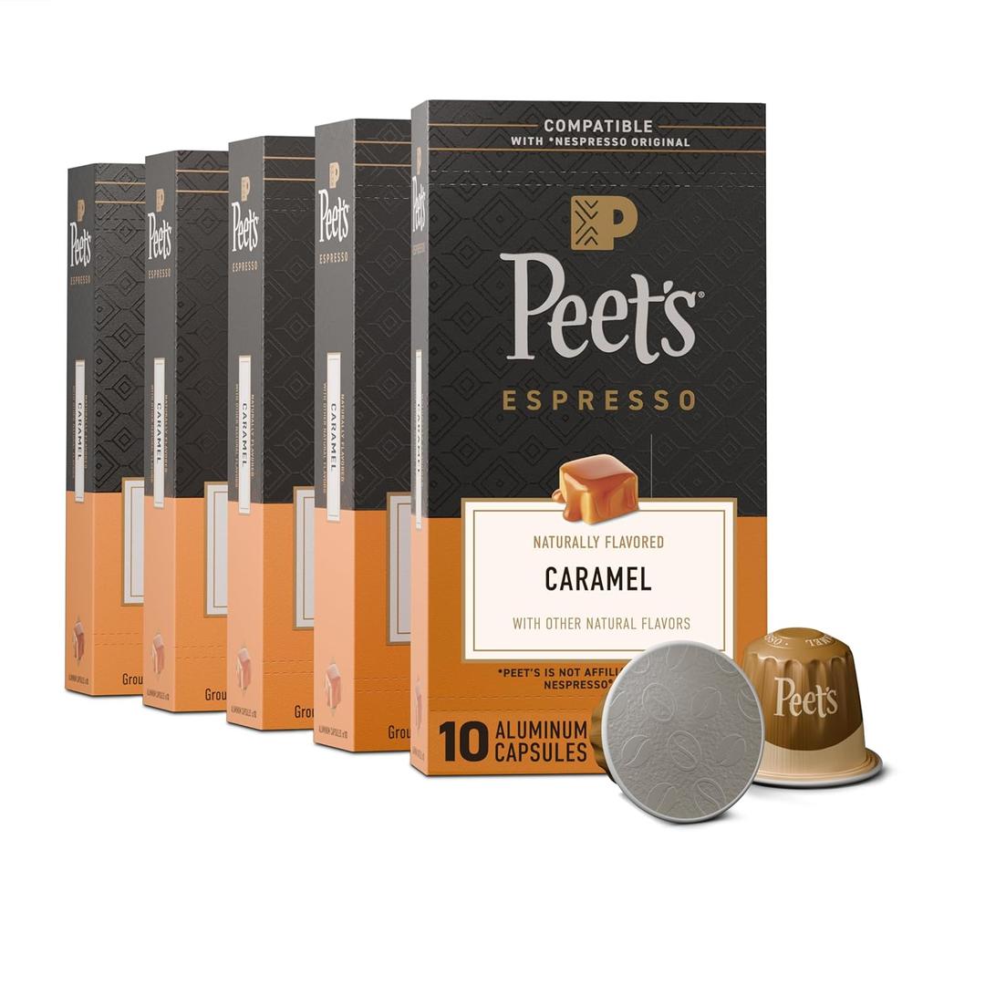 Peet's Coffee, Medium Roast Espresso Capsules, Compatible with Nespresso Original Machine - Caramel, 50 Count (5 Boxes of 10 Espresso Capsules) (EXP 03/07/26)