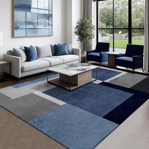 AICLIV Washable Low-Profile Geometric Area Rug, 0.2 inch Thin Abstract Rug Design for Living Room & Bedroom Decor, 6x9 ft Blue Grey Modern Non-Slip Floor Rug 