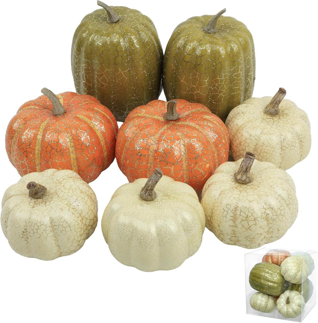 8Pcs Fake Pumpkins Fall Thanksgiving Decorations, Assorted Colors Plastic Pumpkins Home Decor, Artificial Mini Pumpkin for Decorating Autumn Harvest Outdoor Indoor Decor Centerpiece Table Decorations
