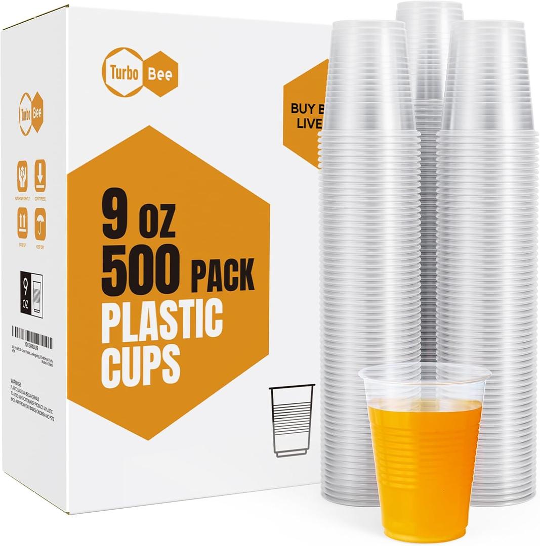 Turbo Bee 500 Pack 9oz Disposable Plastic Cups,Heat-Resistant & Food Safe Drinking Cups for Hot/Cold Beverages, Perfect for Schools, Offices, Events & Commercial Use