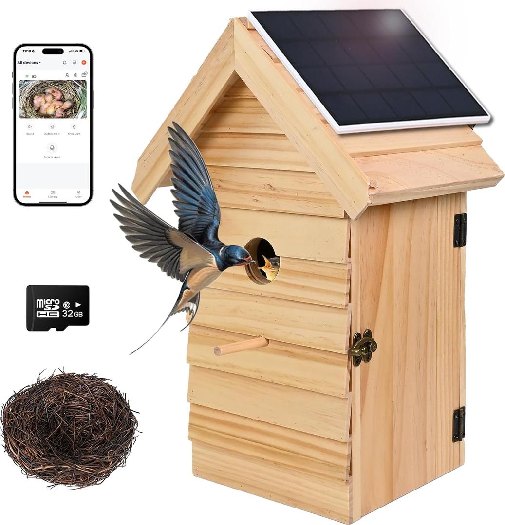 Smart Bird House with Camera, 2.4G WiFi & App Alerts, 160 Wide View 1080P HD Wireless Birdhouse, Auto Capture Bird Video & Motion Detection, Smart Bird House Camera Solar Powered (Natural, Normal)