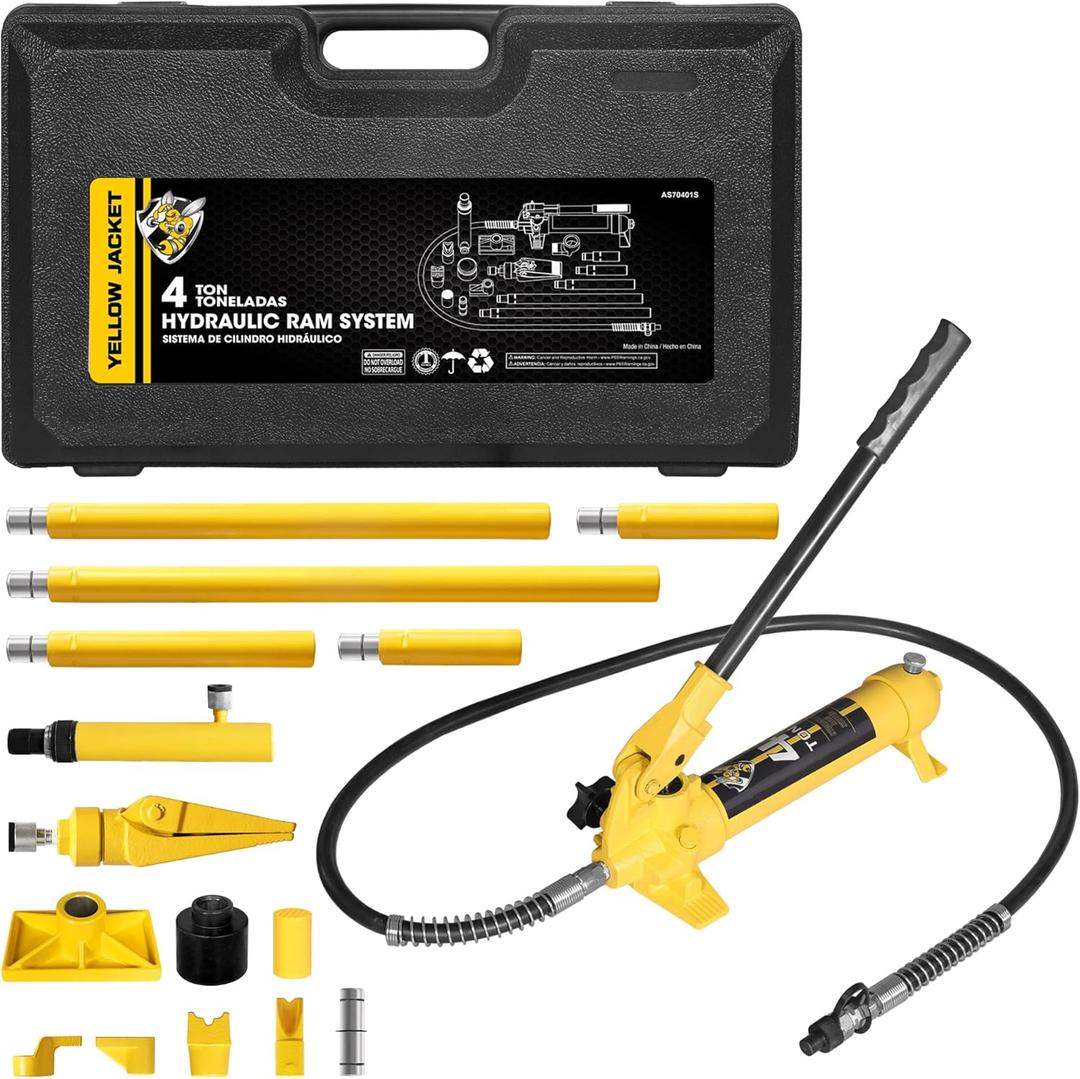 YELLOW JACKET 4 ton Hydraulic Ram Jack Pusher Puller Auto Body Frame Repair Tool Porta Power Kit with Blow Mold Carrying Storage Case for Car Repair,Truck,Farm