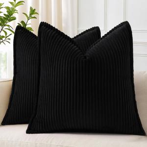 DecorUhome Summer Corduroy Black Euro Sham Throw Pillow Covers 22x22 Set of 2 Decorative Soft Boho Farmhouse Couch Pillow Covers for Living Room Bed Sofa Broadside Striped Pillow Cases